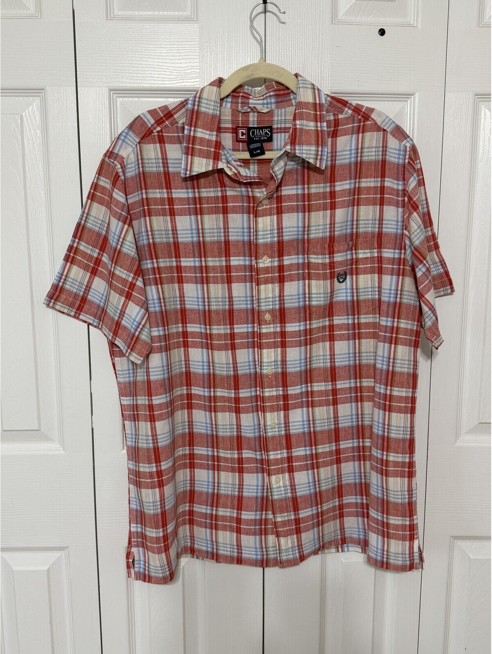 Chaps Shirt Mens L Red Plaid Short Sleeve Linen Cotton Button Up Casual Summer